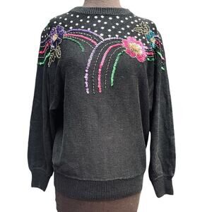 Vtg Rainbow Flower Sequin Glam Maximalist Colorful Sweater Womens M Girlhoodcore